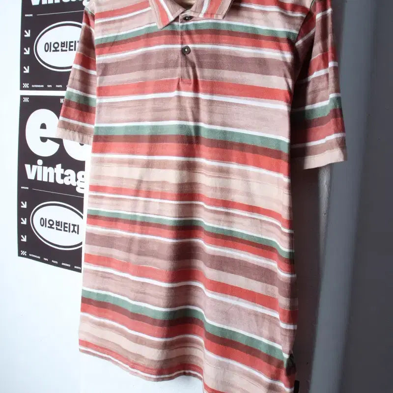 [BUNJANG] Ted Baker Men's Striped Short Sleeve Polo Shirt Brown / (L-XL) 테드베이커 반팔 카라 티셔츠 스트라이프 브라운-H34083
