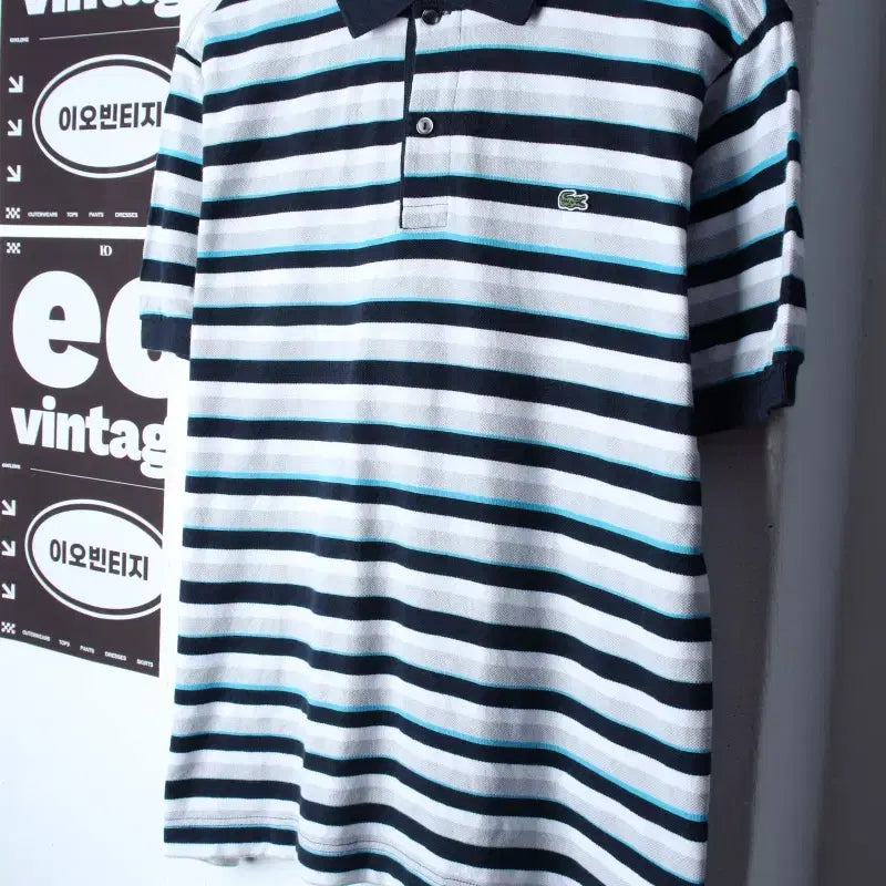 [BUNJANG] Lacoste Striped Short-Sleeve Polo Shirt Navy / (L-XL) 라코스테 반팔 카라 티셔츠 스트라이프 네이비-H34092