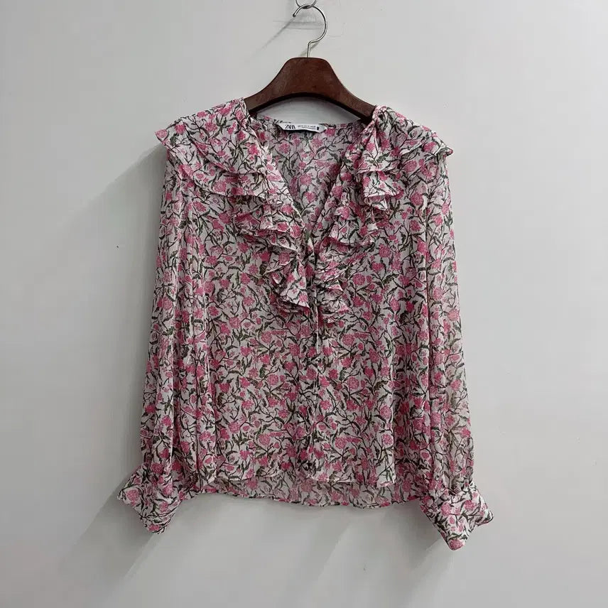 [BUNJANG] ZARA Floral Pink Frill Collar Blouse XS / ZARA 자라 플로럴 핑크 프릴 카라 블라우스