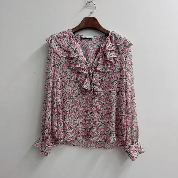[BUNJANG] ZARA Floral Pink Frill Collar Blouse XS / ZARA 자라 플로럴 핑크 프릴 카라 블라우스