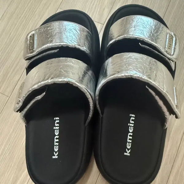 [BUNJANG] Two-Strap Velcro Sandal Slippers 245 / 더블찍찍이 실버 샌들 슬리퍼 245 (새상품) 5cm정도