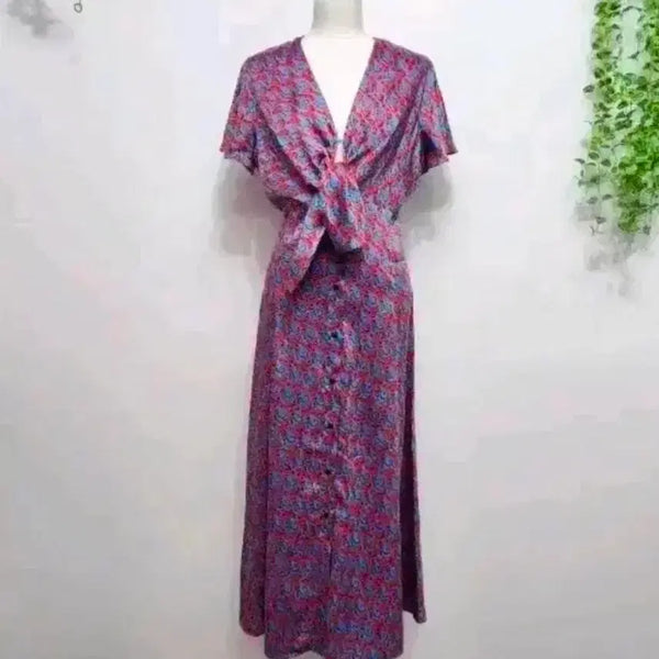 [BUNJANG] Sandro Pattern Print Tie Waist Long Dress / 산드로 패턴 프린트 매듭 롱 원피스