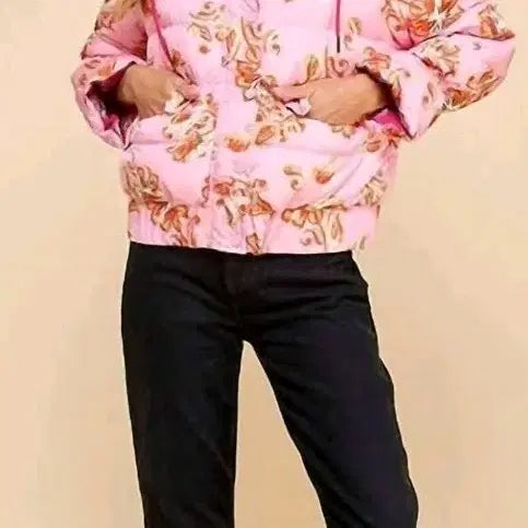 [BUNJANG] Pink Flower Pattern Short Puffer Padding Jacket / 핑크 플라워 패턴 숏 푸퍼 패딩 수입