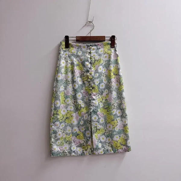[BUNJANG] ZARA Floral Button Satin Midi Skirt / ZARA 자라 플로럴 콩단추 새틴 미디 스커트