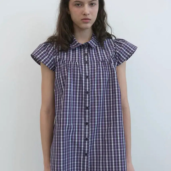 [BUNJANG] Enzo Blues Check Cap Sleeve Shirt / 엔조블루스 체크 캡 슬리브 셔츠
