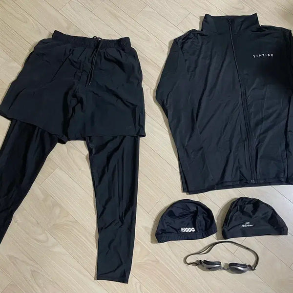 [BUNJANG] Swimsuit Set with Jacket, Bottoms, 2 Swim Caps, Goggles, and Bag / 수영복 세트 (자켓, 하의, 수모2, 고글, 가방)