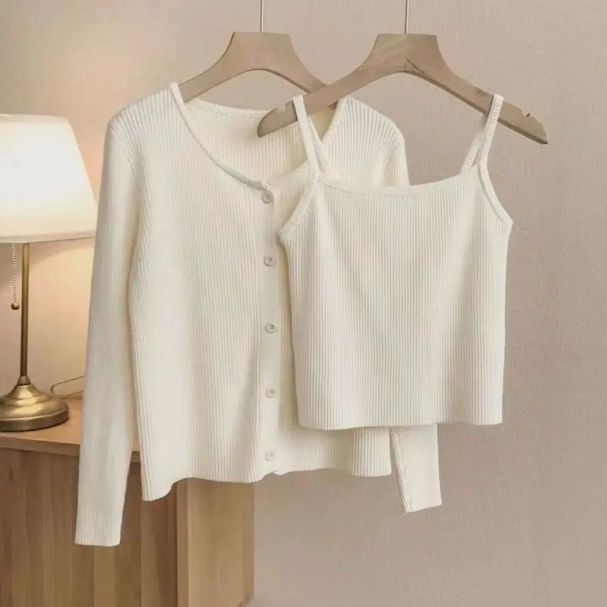 [BUNJANG] Ribbed Knit Cardigan and Camisole Set - Ivory / 골지 니트 가디건 나시 세트 아이보리