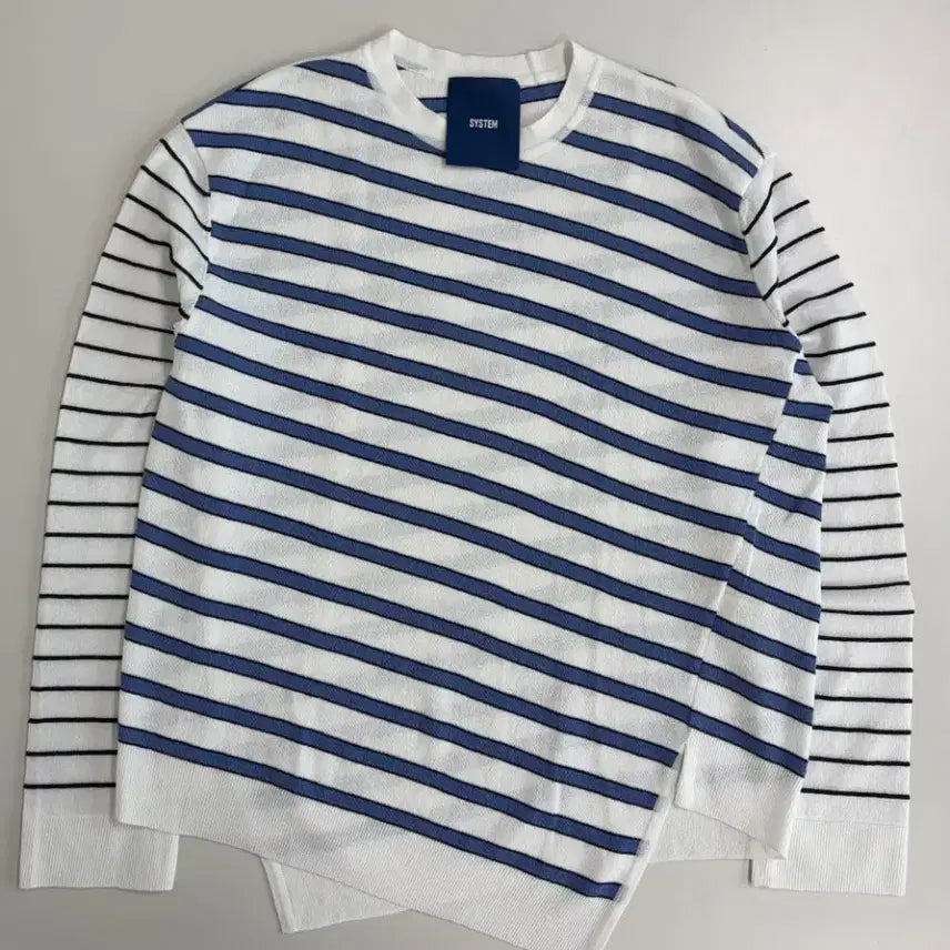 [BUNJANG] System Homme Striped Crewneck Asymmetrical Hem Knit T-Shirt / [정품] 시스템옴므 스트라이프 크루넥 언발란스 니트 티셔츠