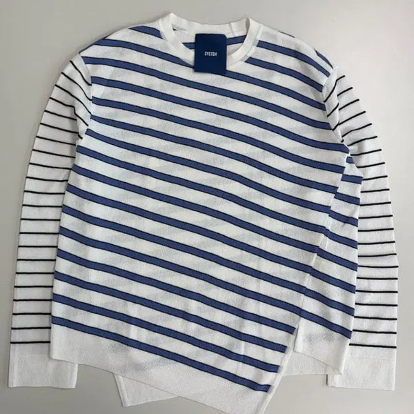 [BUNJANG] System Homme Striped Crewneck Asymmetrical Hem Knit T-Shirt / [정품] 시스템옴므 스트라이프 크루넥 언발란스 니트 티셔츠