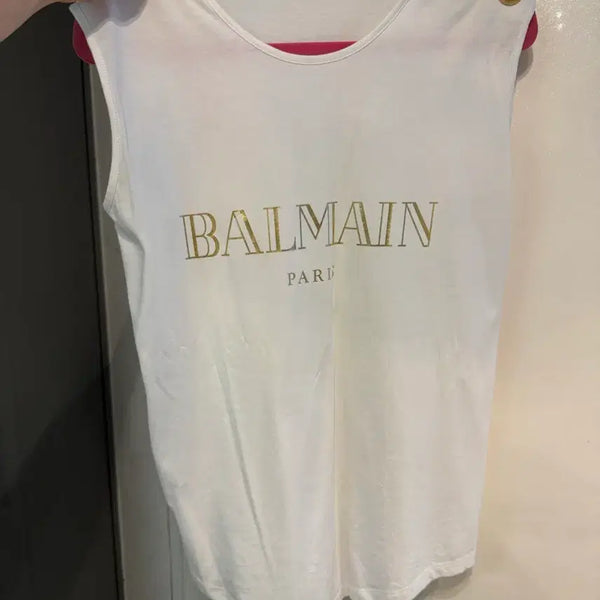 [BUNJANG] Balmain White Gold Logo 3-Button T-Shirt / 발망 반팔티 화이트 골드 로고 3버튼