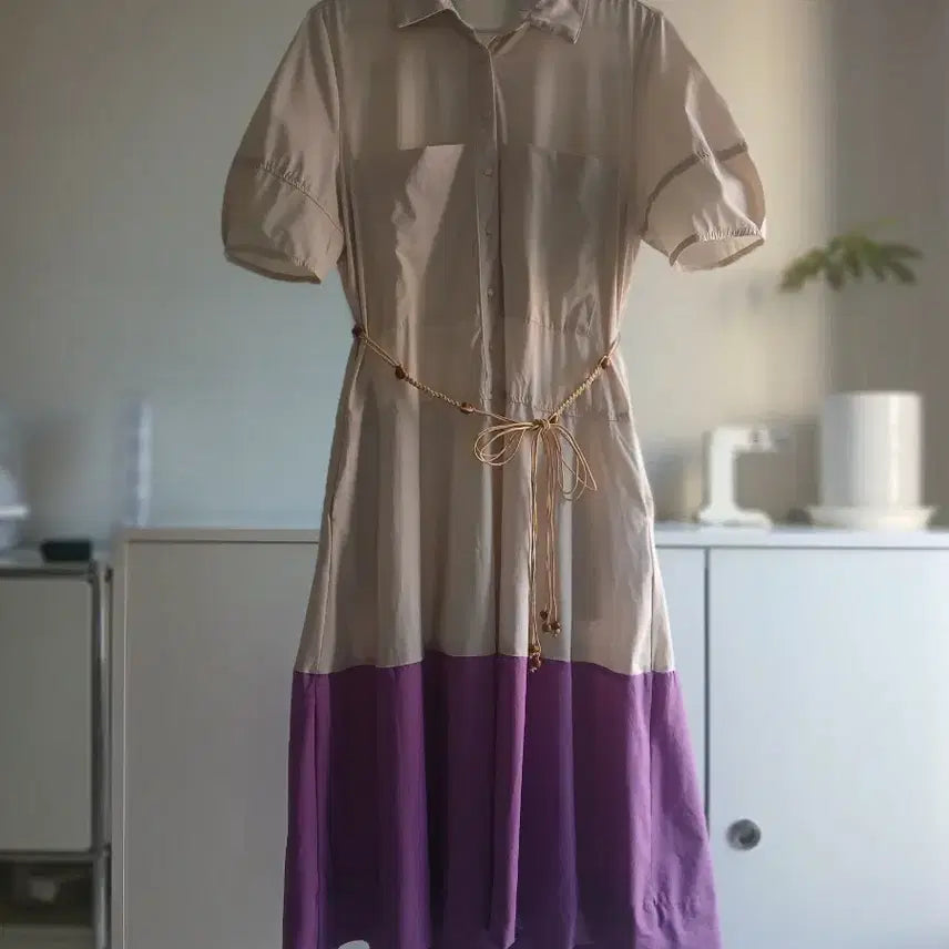 [BUNJANG] Satin Two-Tone Puff Sleeve Shirt Dress / 샤틴 투톤 퍼프소매 셔츠 원피스