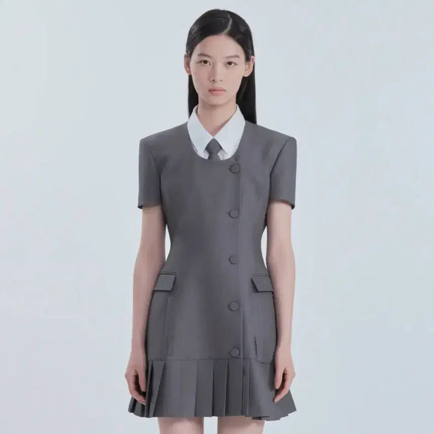 [BUNJANG] Mausoleum Round Neck Pleated Half-Sleeve Suit Jacket Dress - Grey (L) / 마우솔레움 원피스 그레이 L