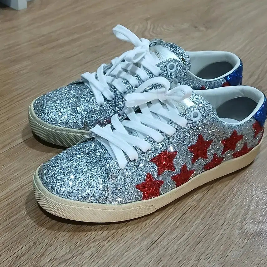 [BUNJANG] Saint Laurent Silver Glitter Star Sneakers / 생로랑 스니커즈 실버 글리터 스타 240