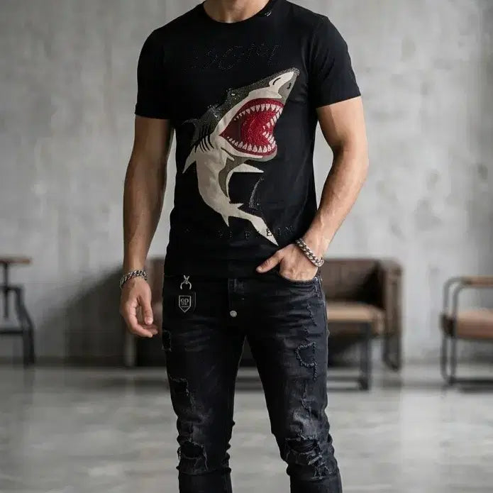 [BUNJANG] Philipp Plein Crystal Shark Print Short Sleeve T-Shirt XL / 정품 '이스케이프' 라인 크리스탈 샤크 프린트 반팔 티셔츠 XL