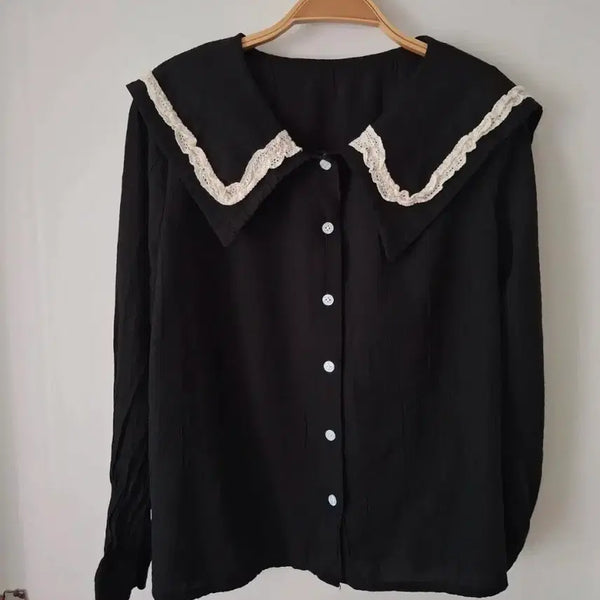 [BUNJANG] Black Lace Collar Blouse (Size 55-66) / 블랙 레이스 카라 블라우스55~66반