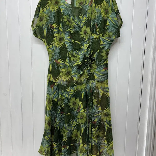 [BUNJANG] Queen Bee 80s-90s Tropical Floral Chiffon Dress with Rose Corsage / 80-90s 퀴인비 장미 코사지 트로피컬 쉬폰 원피스 F ㅡ0708