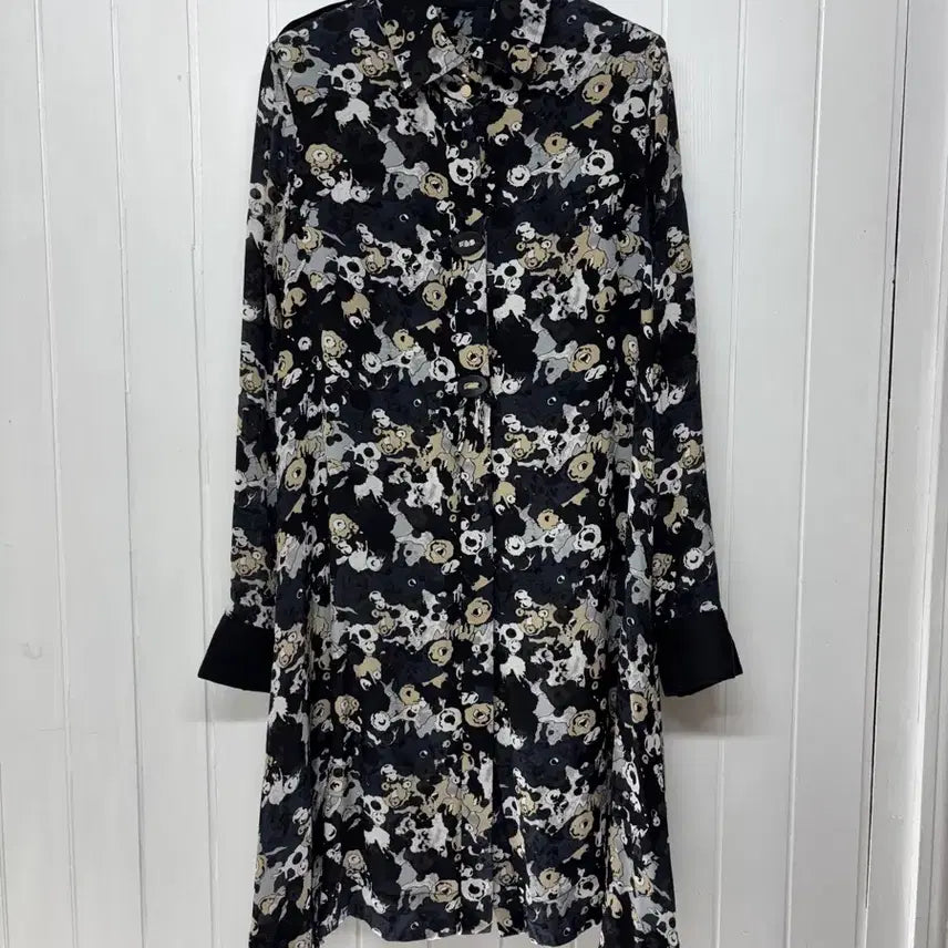 [BUNJANG] 100% Silk Floral Leather Trim Shirt Dress / 실크100 레더 콤비 플로럴 셔츠 원피스 55-날씬66ㅡ0708