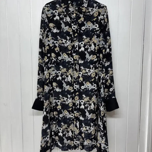 [BUNJANG] 100% Silk Floral Leather Trim Shirt Dress / 실크100 레더 콤비 플로럴 셔츠 원피스 55-날씬66ㅡ0708