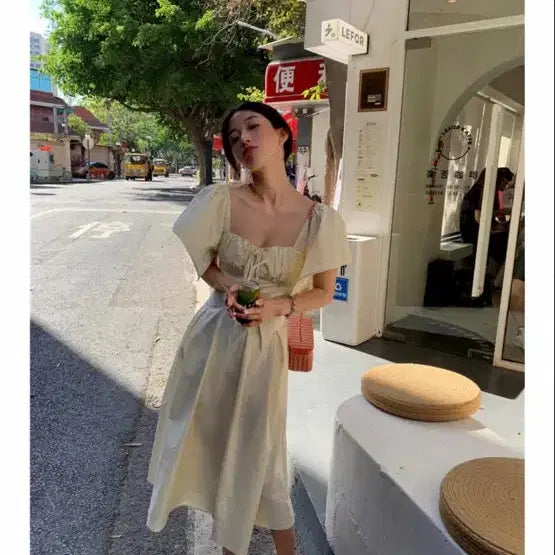 [BUNJANG] Imported Long Dress Ivory Puff Sleeve / 수입원피스