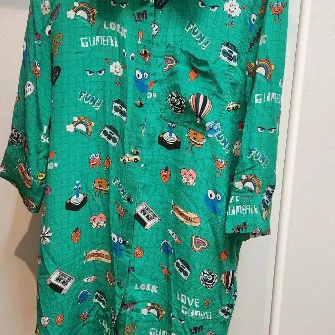 [BUNJANG] Green Character Pattern Silk Shirt M / 초록색 캐릭터 패턴 셔츠