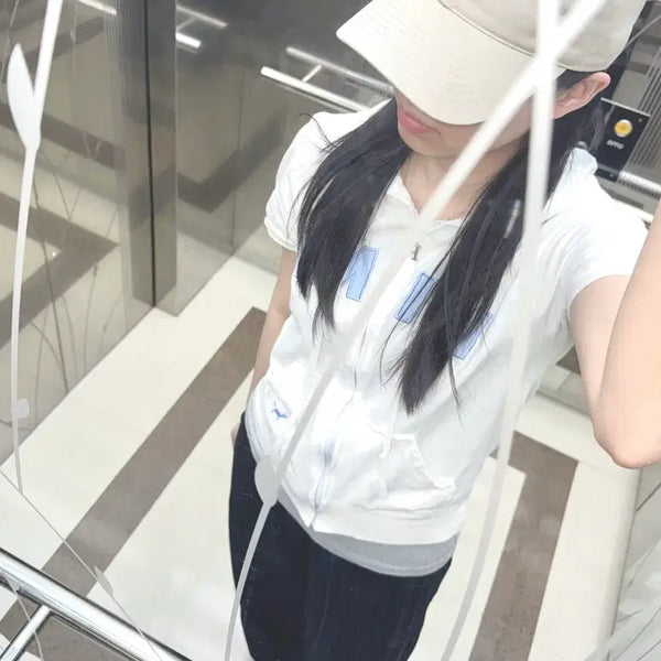 [BUNJANG] PINK Cropped Short-Sleeve Hoodie Zip-Up / PINK 크롭 반팔 후드 집업