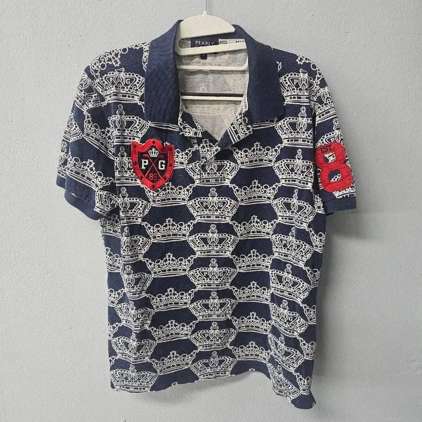 [BUNJANG] Pearly Gates Crown Pattern Short-Sleeve Polo Shirt Navy / 파리게이츠 크라운 패턴 반팔 카라티 네이비