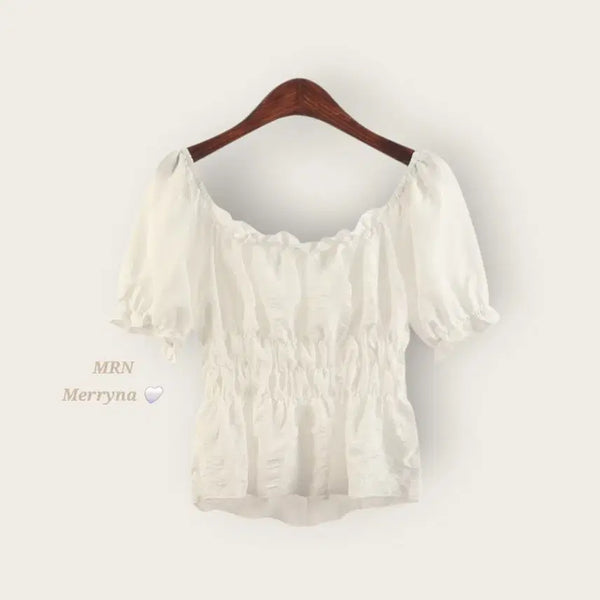 [BUNJANG] Merryna Frill Shirring Off-Shoulder Blouse / [빠른배송] 프릴 셔링 밴딩 오프숄더 블라우스