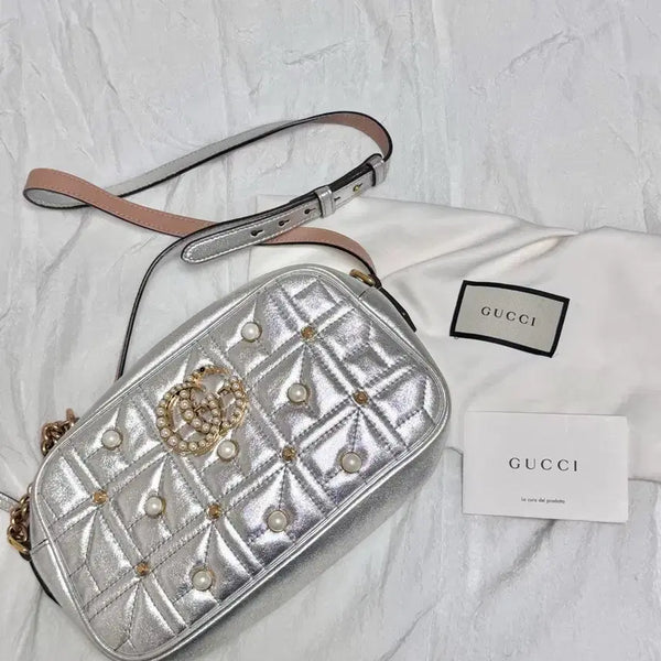 [BUNJANG] Gucci GG Marmont Mini Camera Bag Silver Pearl / [정품] 구찌 GG 마몽 실버 진주 미니 카메라백