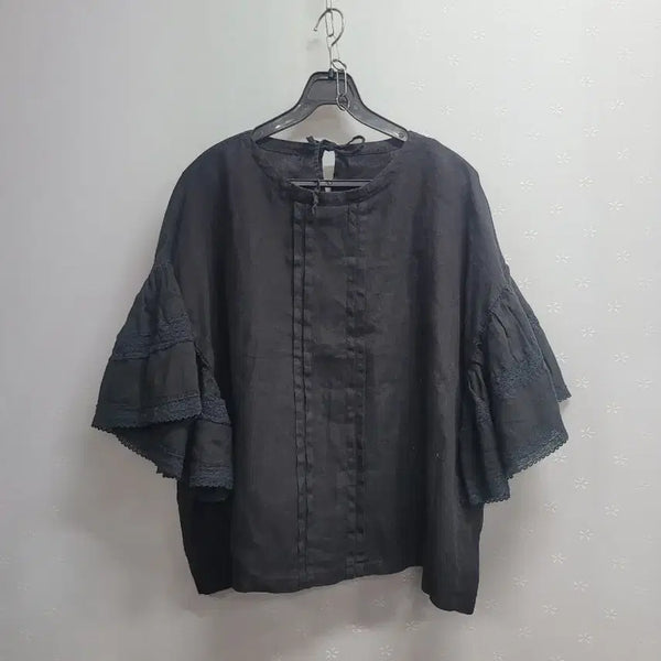 [BUNJANG] Black Cotton Linen Blend Blouse with Frill Sleeves (Size 77-88) / 77~88)프릴 소매 블랙 면마 블라우스
