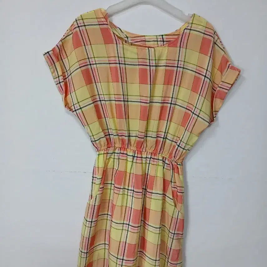 [BUNJANG] Checkered Short Sleeve Dress with Waist String / 체크무늬 반팔 허리 스트링 원피스 55 S 새제품