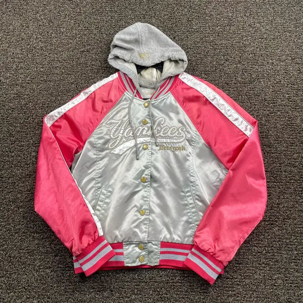 [BUNJANG] MLB New York Yankees Pink Satin Varsity Jacket / MLB 뉴욕양키스 핑크 새틴 바시티 자켓