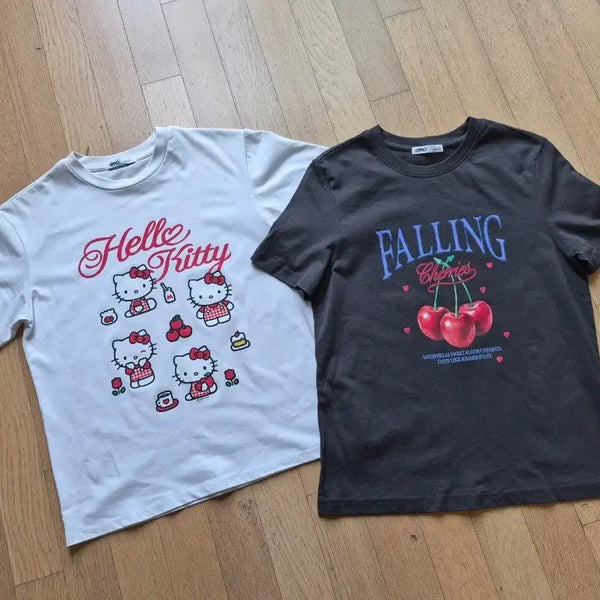 [BUNJANG] SPAO Hello Kitty & Cherry Print T-Shirt Set / 스파오 키티/체리 반팔 두장세트