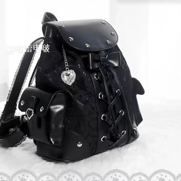 [BUNJANG] Jirai Kei Studded Lace Heart Chain Backpack / 지뢰계 레이스 스터드 백 흑색 레이스 하트 체인 데일리 백팩