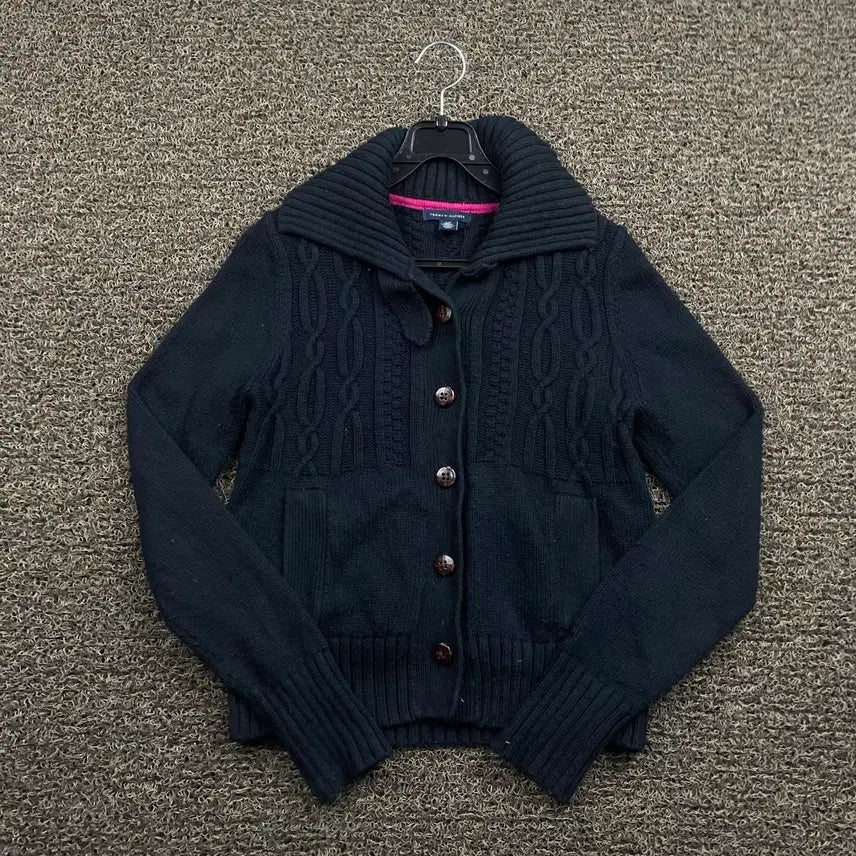 [BUNJANG] Tommy Hilfiger Black Cable Knit Cardigan / 타미힐피거 블랙 꽈배기 패턴 니트 가디건