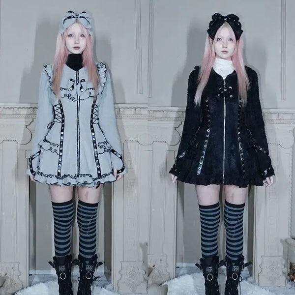 [BUNJANG] Jirai Kei Gothic Ribbon Outer Zipper Dress Coat (2 Colors) / 지뢰계 고딕 리본 아우터 양색 고스식 끈조임 지퍼 원피스 코트(2컬러)