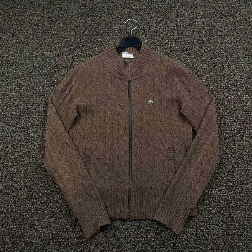 [BUNJANG] Lacoste Embroidered Logo Brown Knit Zip-Up Sweater / 라코스테 자수로고 브라운 니트 집업