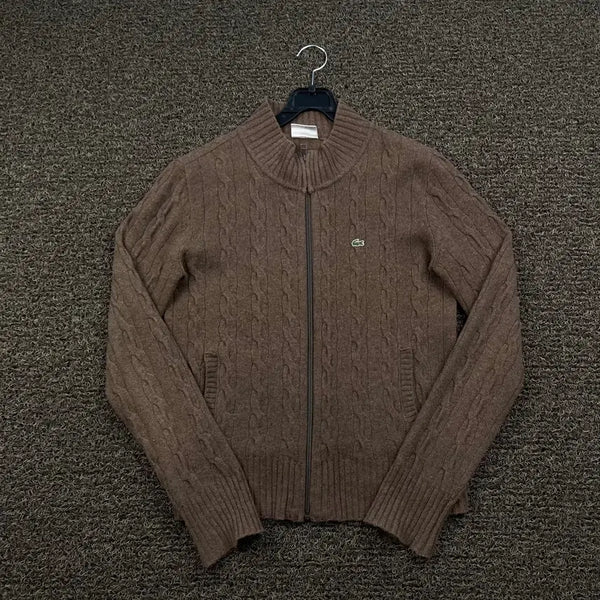 [BUNJANG] Lacoste Embroidered Logo Brown Knit Zip-Up Sweater / 라코스테 자수로고 브라운 니트 집업