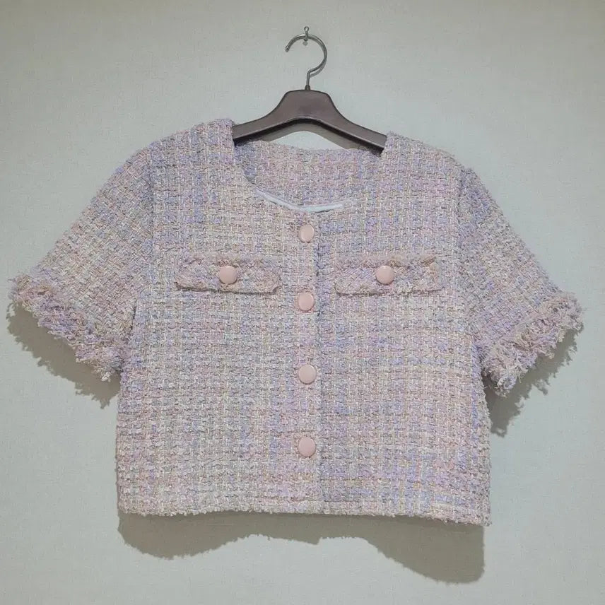 [BUNJANG] Pink Violet Sky Tweed Short Sleeve Blouse / 핑크 바이올렛 소라 펄사 트위드 반팔 블라우스