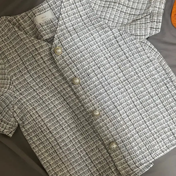 [BUNJANG] Tweed Pearl Button Short Sleeve Blouse / (새상품)트위드 진주 단추 반팔 블라우스