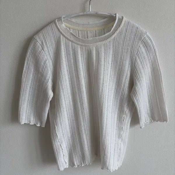 [BUNJANG] Women's White Summer Knit Top with Frill Sleeves / 화이트 여성 여름 니트