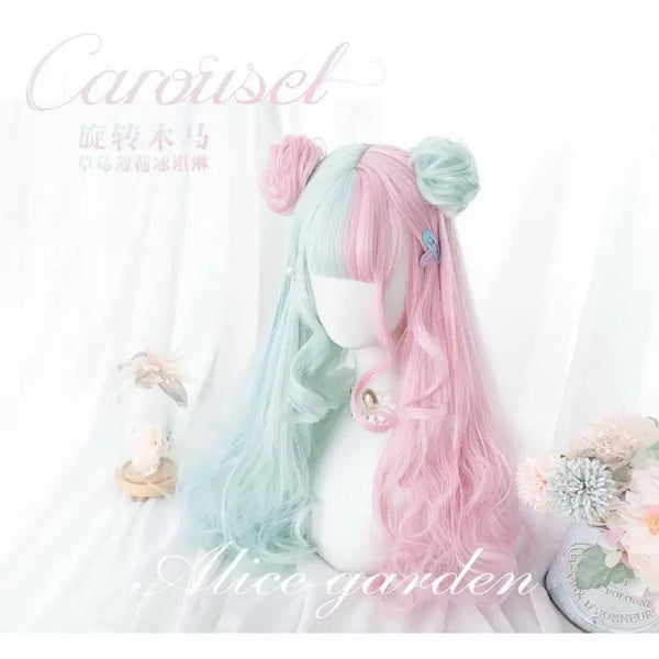 [BUNJANG] Sweet Subculture Lolita Two-Tone Wig Pink-Mint Half-Bun Long Wave Wig / 스위트 서브컬처 로리타 투톤 가발 핑크민트 하프번 롱 웨이브 가발(2컬러