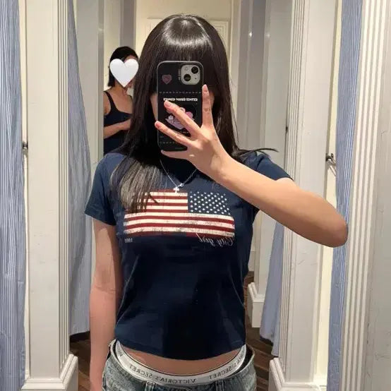 [BUNJANG] Vintage American Flag Graphic T-Shirt Top Navy / 빈티지 미국 성조기 반팔티 탑 네이비