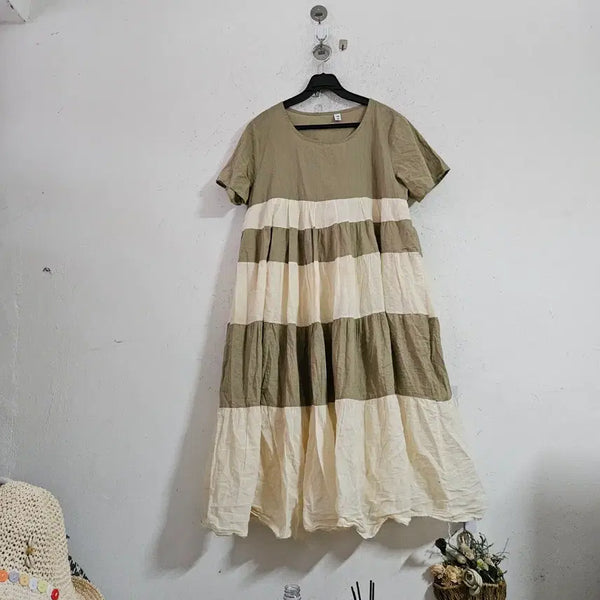 [BUNJANG] Striped Long Dress - Khaki/Ivory / 단가라 롱 원피스 카키/아이보리