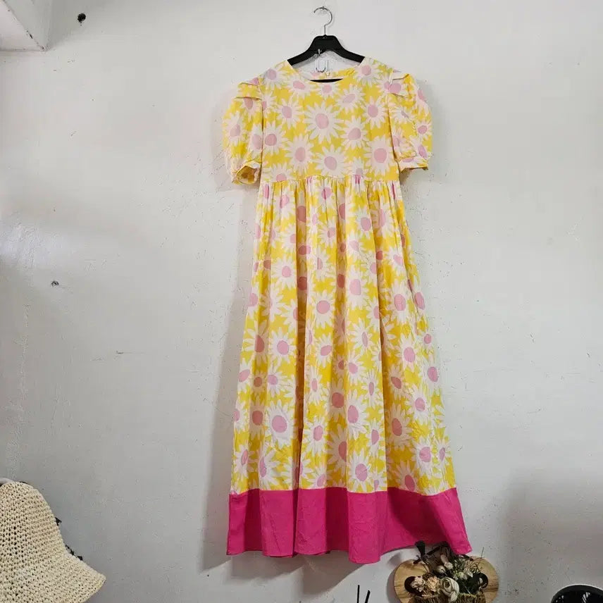 [BUNJANG] Daisy Flower Pattern Long Dress Yellow Pink / 데이지 플라워 패턴 롱 원피스 옐로우 핑크