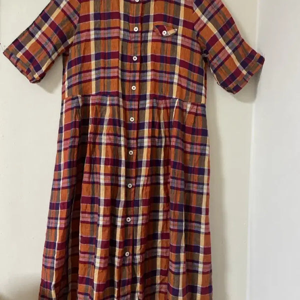 [BUNJANG] Cotton House Aya Check Round Collar Linen Dress / 일본면유명브랜드Cotton House  Aya 체크 둥근카라 린넨원피스
