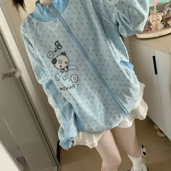 [BUNJANG] Subculture Sweet Candy Embroidered Water Drop Zip Jersey Training Jacket / 서브컬처 스위트캔디 트레이닝 재킷 판다자수 물방울 무늬 지퍼 져지