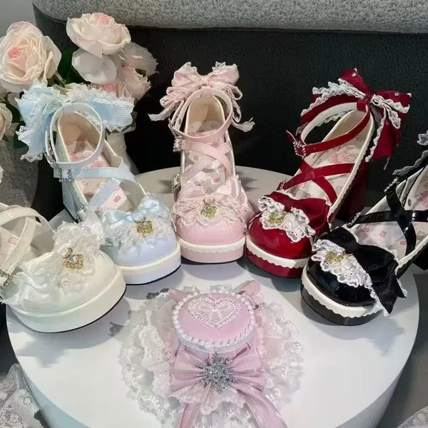 [BUNJANG] Lolita Lace Cross Strap High Heel Mary Jane Shoes / 로리타 레이스 하이힐 크로스 스트랩 큐티 메리제인 구두(5컬러)