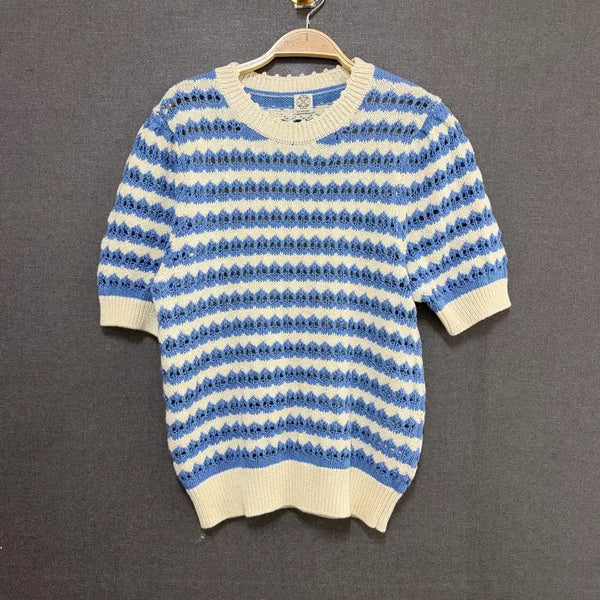 [BUNJANG] A.T. Corner Women's Blue Striped Perforated Summer Knit BO2281 / a.t.coner 여성 F 니트 단가라 펀칭 여름 니트 블루 BO2281