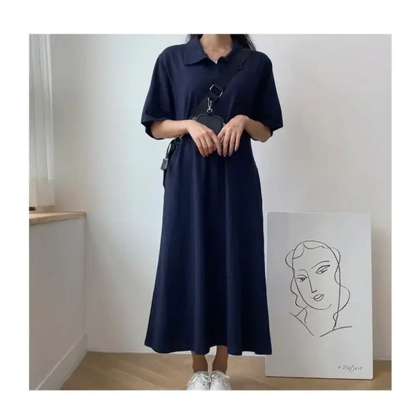 [BUNJANG] Navy Collar Long Dress One Size / 네이비 카라 롱 원피스 프리