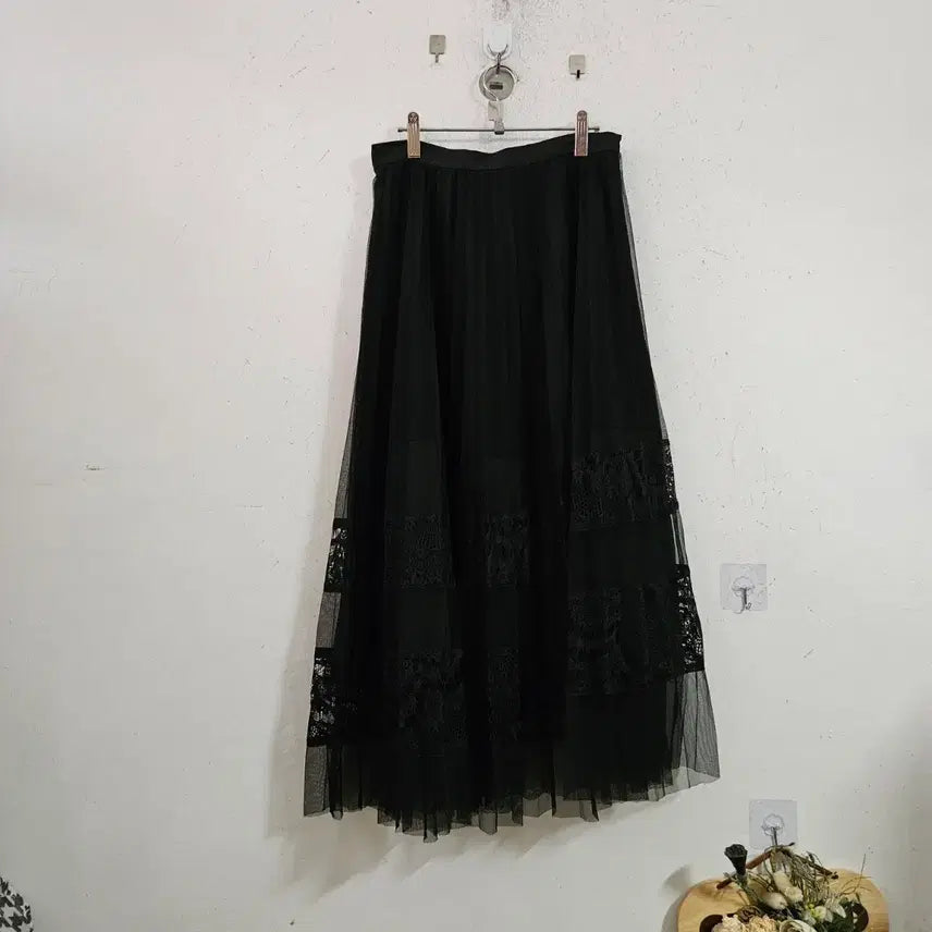 [BUNJANG] Black Long Lace Chiffon Skirt / 블랙 롱 스커트 레이스 쉬폰